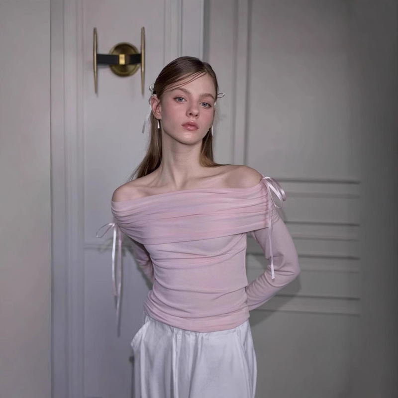 Production of 2024 autumn new South Korea designer brand girl ballet wind word collar shoulder long sleeve T-shirt