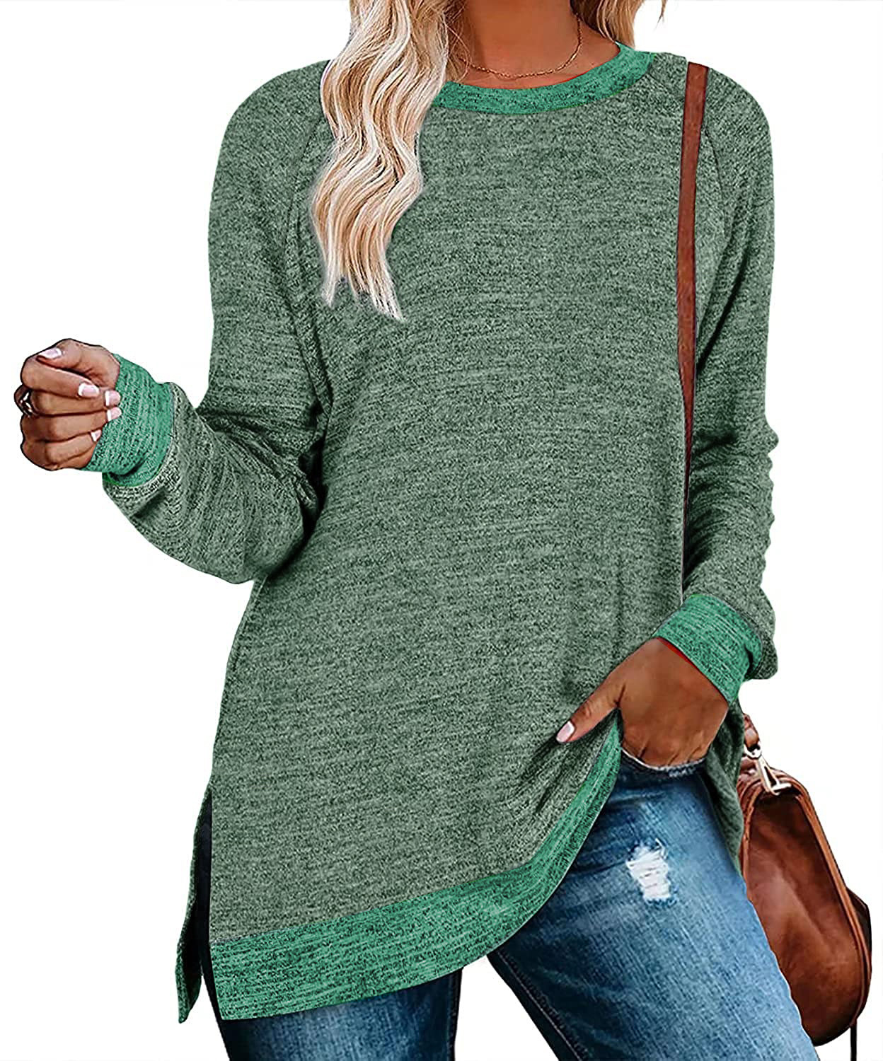 Women's Long Sleeved Round Neck Color Split Top Loose Casual Pullover T-shirt_voghion.com