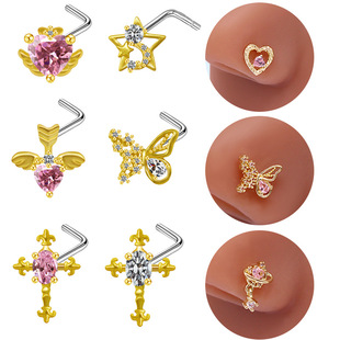 Gaibei European and American cross-border butterfly nose ring five-star heart-shaped zircon light luxury sweet puncture jewelry stainless steel nose nail