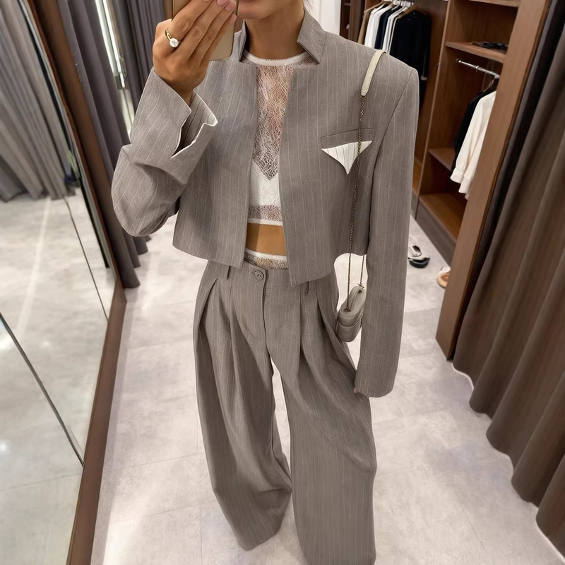 Aliexpress 2024 Spring and Autumn New European and American Cross-Border Women's Clothing Striped Blazer Jacket Top Wide-Leg Pants Set Aliexpress 2024 Spring and Autumn New European and American Cross-Border Women's Clothing Striped Blazer Jacket Top Wide-Leg Pants Set