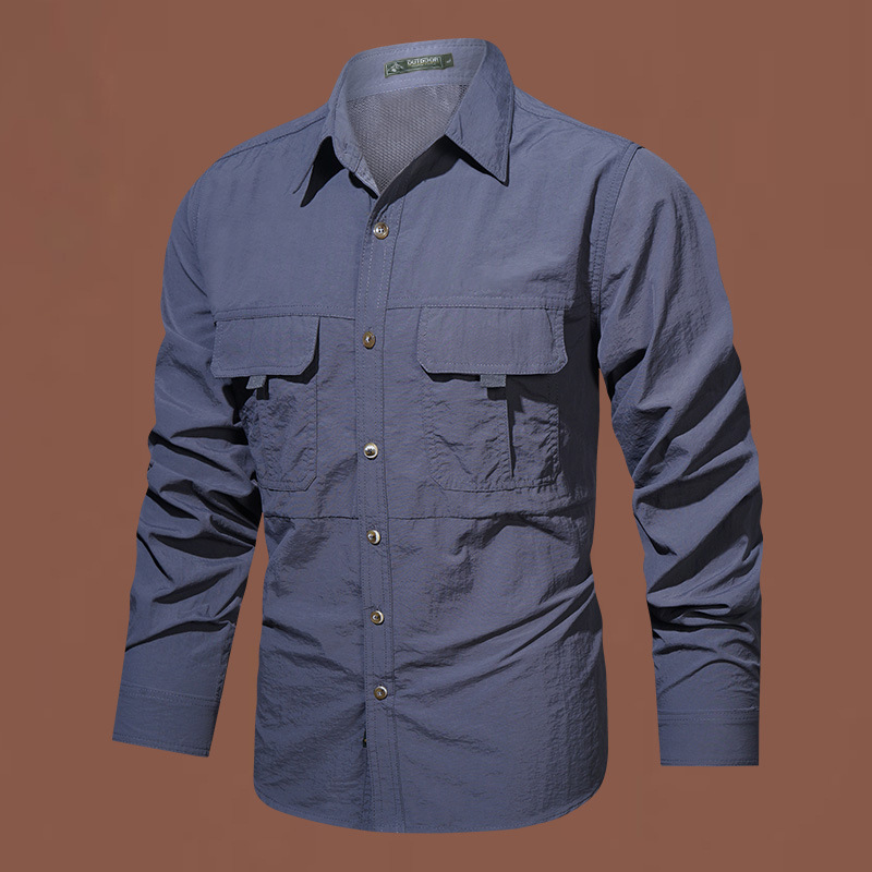 Camisas impermeables de secado rápido al aire libre multi-bolsillos herramientas de hombre con solapa de manga larga camisa casuales de color sólido para hombres de mediana edad