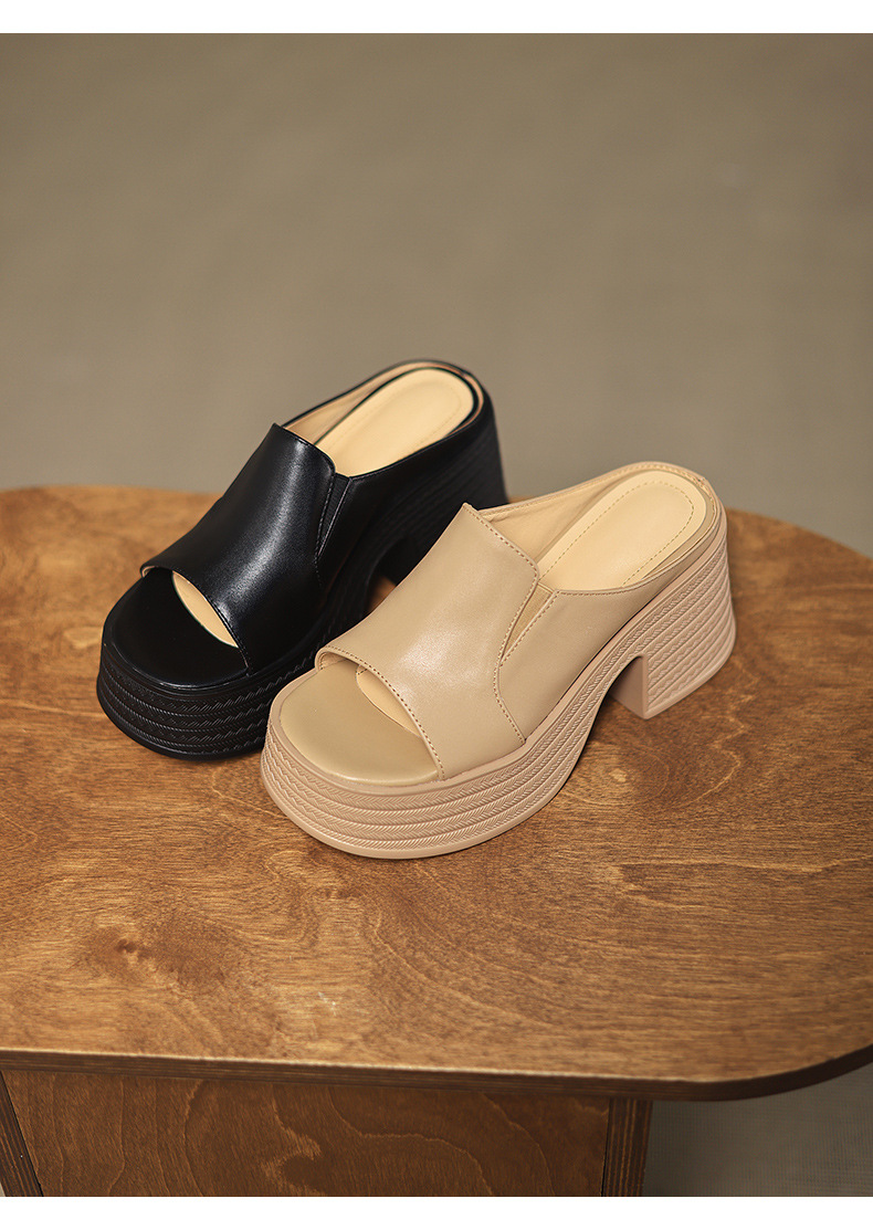 Sandal cao gót nữ quai ngang mũi hở đế platform gót vuông 9 cm — màu đen, màu mơ chi tiết 13