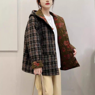 Trendy Plaid Printed Double-sided Cotton-padded Jacket Women's Winter Loose Cotton-padded Thickened Warm Hooded Cotton-padded Jacket