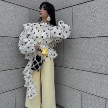 法式小众设计感荷叶边绑带波点衬衫女秋季新款百搭立领长袖上衣