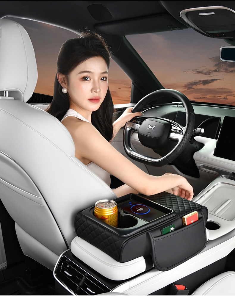 15W wireless charging car armrest box protection pad car tissue box central leather elbow booster cup holder