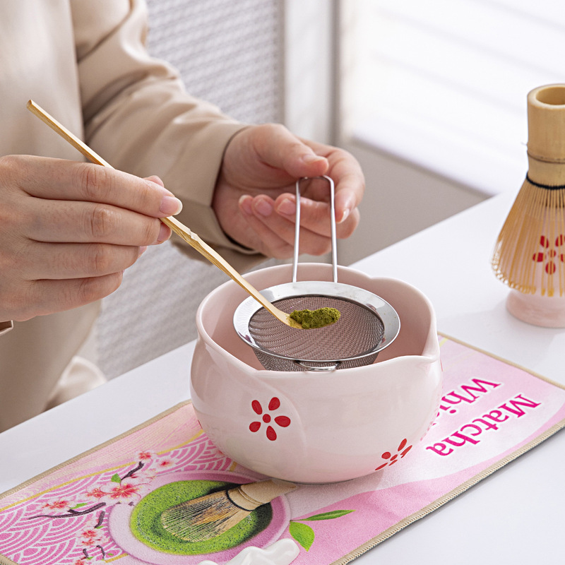 日式跨境樱花带嘴陶瓷抹茶碗打抹茶宋代点茶百本立抹茶刷茶具套装|undefined