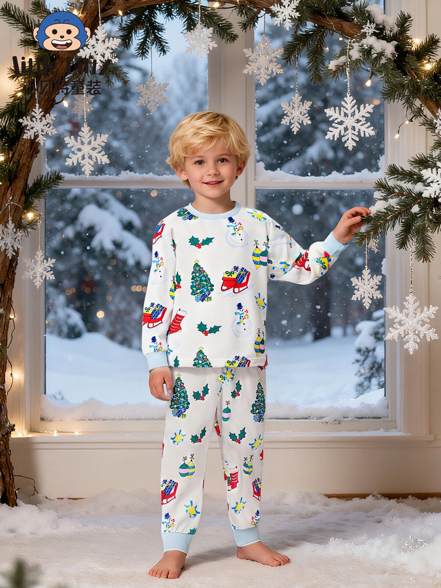 Cross-Border 25 Autumn and Winter Children's Clothing Christmas Long-Sleeved Pants Suit Cartoon Christmas Print Home Clothes Two-Piece Pajamas