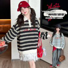 秋季中大女童卫衣新品童装儿童女孩POLO衫条纹秋装上衣宽松中长款