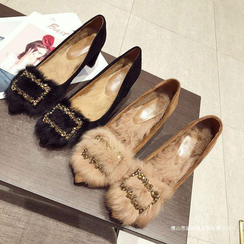 毛毛鞋女高跟鞋2025秋冬新款韩版百搭兔毛尖头外穿棉瓢鞋粗跟单鞋