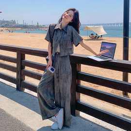 时尚套装女夏季新款轻熟风短袖衬衫上衣阔腿裤两件套