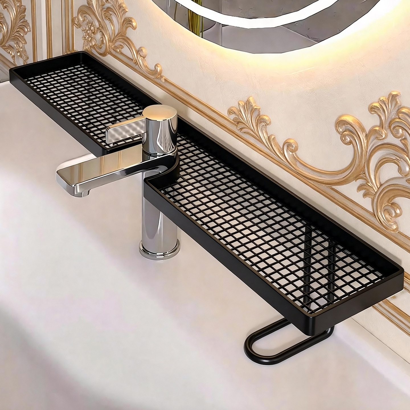 Wrought Iron Faucet Storage Rack Bathroom Washbasin Wall-Mounted No-Drill Sink Organizer