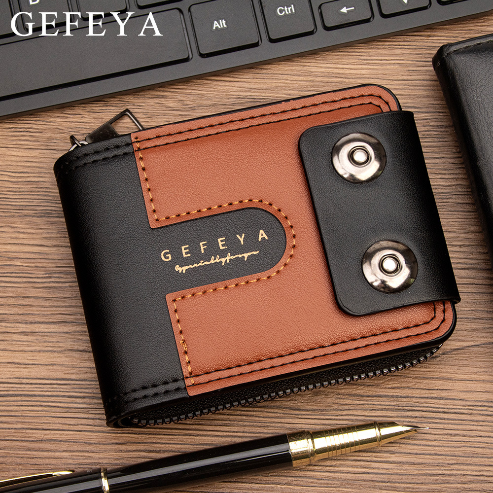 GEFEYA Color-Block Men's Short Wallet with Double Magnetic Clasp, Chain Zipper Coin Purse, Multiple Card Slots, Portable Leather Wallet