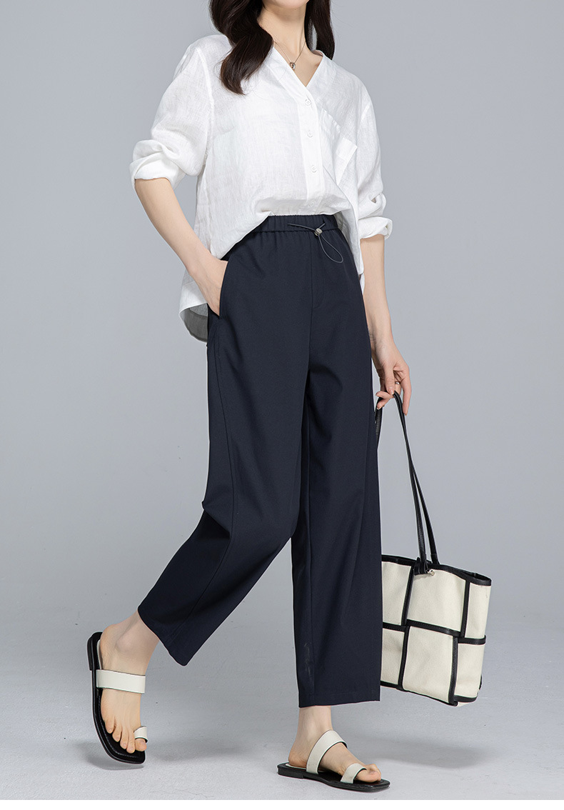 Quần culottes nữ ống rộng cạp chun rút dây dáng lười — Xanh lông mòng đen chi tiết 8