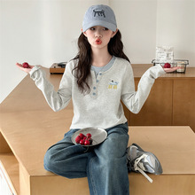 女童秋装新款韩版打底衫2025中大童假两件洋气长袖T恤圆领上衣潮