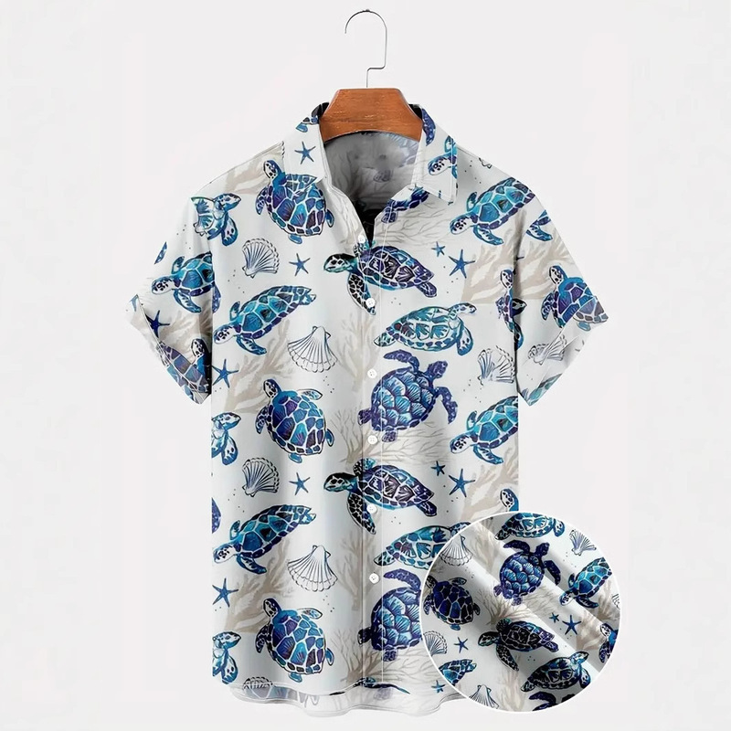 Turtle Shell 3D Digital Print Summer Men's Beach Vacation Loose Lapel Short Sleeve Shirt