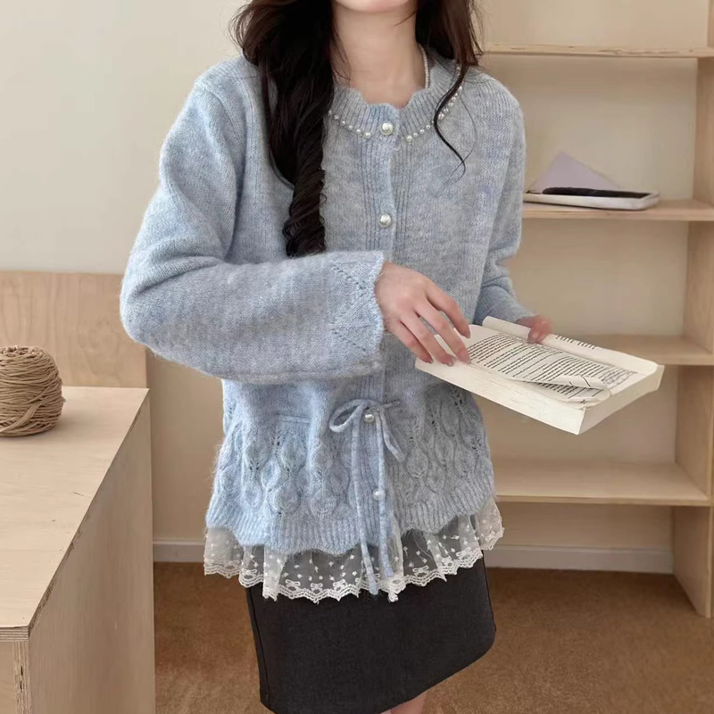 Autumn and Winter New Style Beaded Waist-Cinching Lace Patchwork Fashionable Knitted Cardigan Loose Sweet Gentle Style Sweater Coat for Women Autumn and Winter New Style Beaded Waist-Cinching Lace Patchwork Fashionable Knitted Cardigan Loose Sweet Gentle Style Sweater Coat for Women