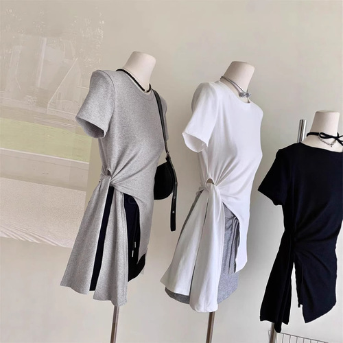 Lady belt solid color short-sleeved T-shirt for women 2025 summer new Korean round neck versatile pullover student top trendy