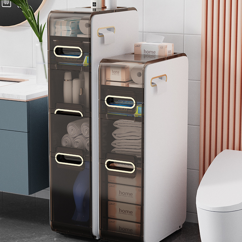 Multi-layered narrow storage cabinet for bathroom and toilet, wall-mounted, no installation required, drawer shelf 