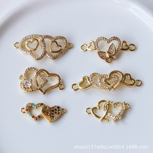 Butterfly Copper Zircon Double Hole Accessories Home Double Peach Heart Butterfly Mother Necklace Bracelet Connection Pendant Accessories