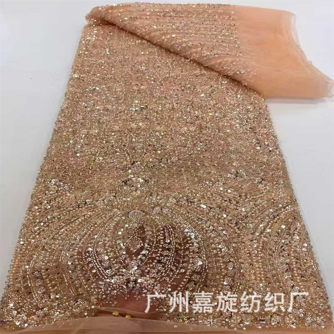Nuevo bordado de tubo de perlas vestido de mano sequinilla tela de malla bordada moda pesada ropa de espectáculo de escenario accesorios de boda