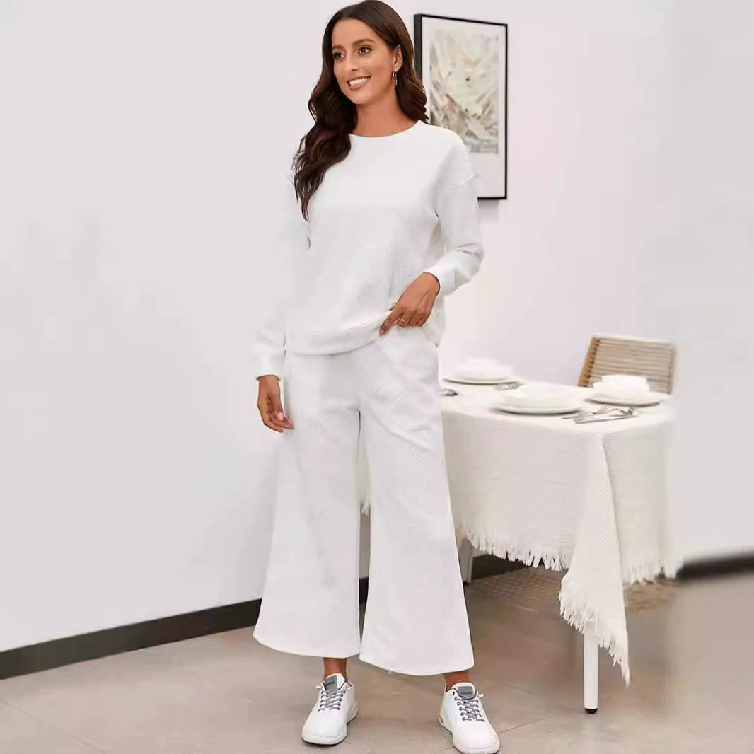 2024 осень и зима внешняя торговля новый сплошной текстурированный повседневный набор Amazon Горячая продажа женской одежды трансграничный свободный набор из двух частей