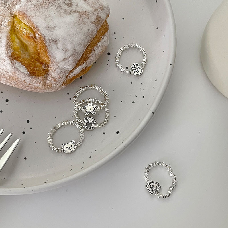 Cute Christmas House Gingerbread Snowman Copper Silver Plated Rings 1 Piece