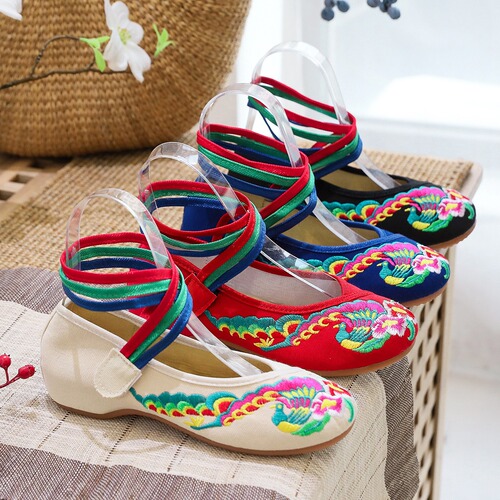 Ethnic style rope lace canvas tendon bottom low heel embroidered cloth shoes women's single shoes casual dance shoes
