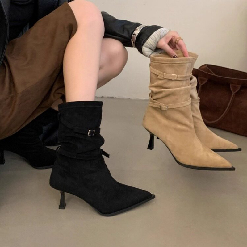 Women's high-heeled mid-calf boots 2026, suede, pointed toe, stiletto heel, buckle, ruched, vintage, slimming, versatile, autumn and winter style Women's high-heeled mid-calf boots 2026, suede, pointed toe, stiletto heel, buckle, ruched, vintage, slimming, versatile, autumn and winter style