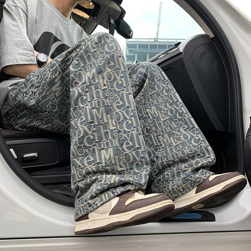Light Blue Letter Jacquard All-Over Printed Jeans Men's Spring & Fall American Fashion Brand Vibe Slim Scimitar Slightly Flared Pants Light Blue Letter Jacquard All-Over Printed Jeans Men's Spring & Fall American Fashion Brand Vibe Slim Scimitar Slightly Flared Pants