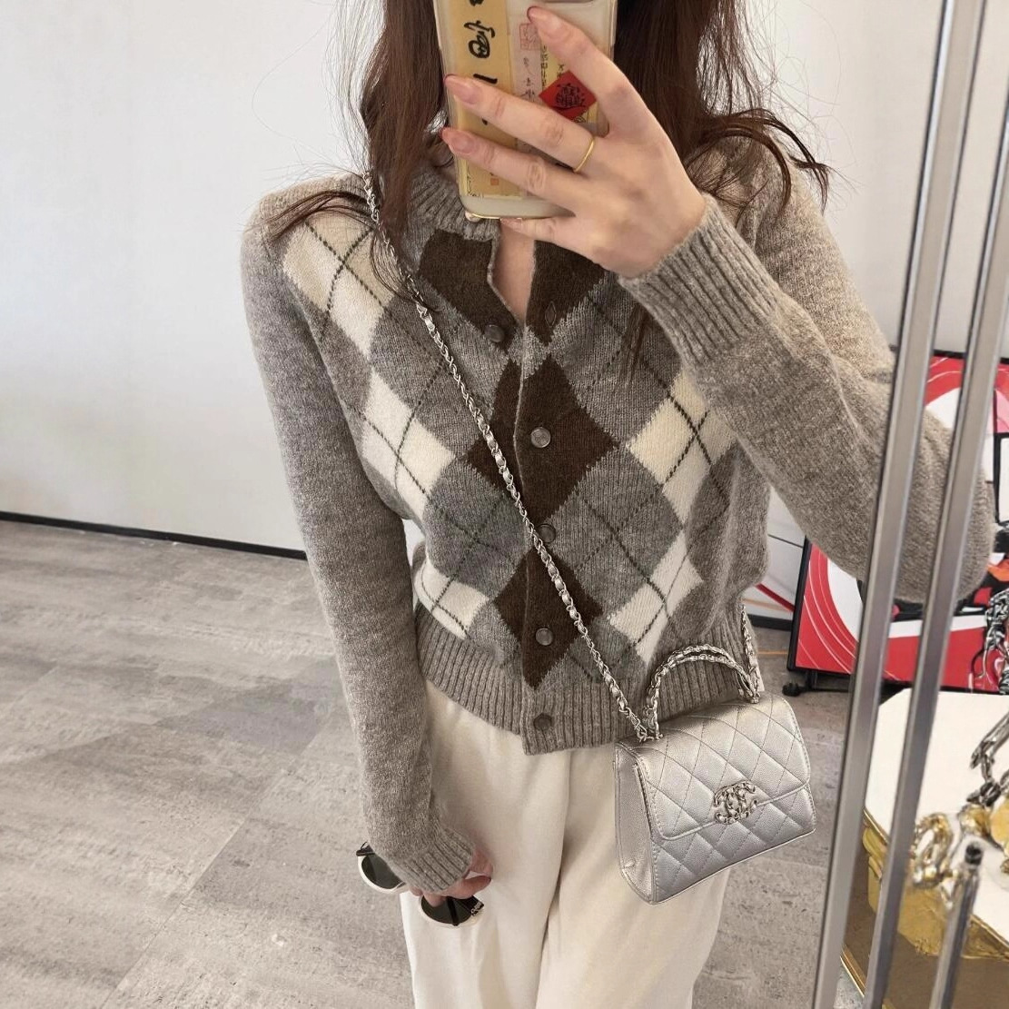 秋冬新款Ce复古英伦风气质优雅减龄高级感菱形提花针织开衫