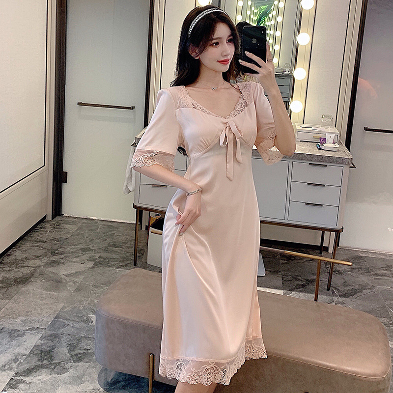 蕾丝短袖冰丝睡裙女夏季带胸垫新款丝绸睡衣薄款甜美可外穿022|undefined