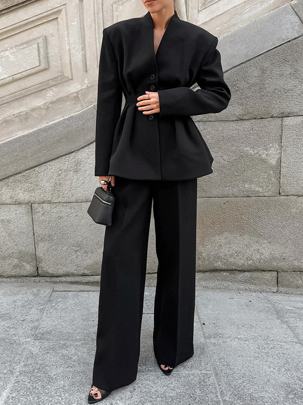 黑色高级感长袖v领褶皱收腰西装外套长裤两件套秋季女装西服套装|undefined