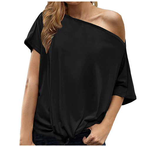 Amazon European and American Style Solid Color eBay Off-Shoulder Irregular T-Shirt Women's Loose Short-Sleeved Top