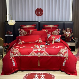 New Chinese-Style Wedding Four-Piece Set, Bright Red Pure Cotton Brushed Dragon and Phoenix Embroidery Duvet Cover, Wedding Room Dowry Bedding Wholesale
