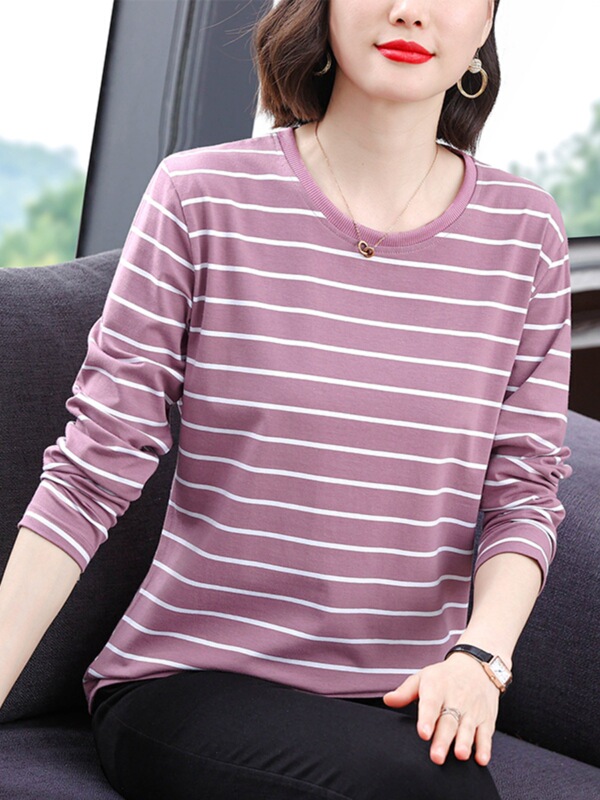 Cotton Striped Long-sleeved T-shirt Women's Spring and Autumn New Middle-aged and Elderly Mother's plus size Loose Belly Covering Base Shirt Top Cotton Striped Long-sleeved T-shirt Women's Spring and Autumn New Middle-aged and Elderly Mother's plus size Loose Belly Covering Base Shirt Top