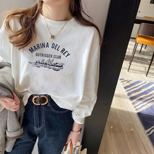 White long-sleeved T-shirt women's cotton loose early Autumn 2023 new inner round neck bottoming shirt autumn and winter letter top