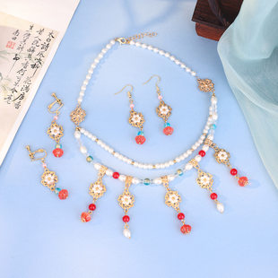 Hanfu Soft Necklace New Chinese Style Double-layer Imitation Pearl Ancient Style Necklace and Earrings Set Han Elements Dunhuang National Style Accessories