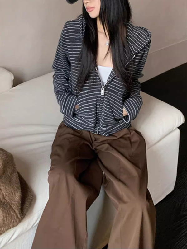韩系百搭毛巾绒条纹连帽卫衣女秋冬2025新款宽松显瘦休闲短款外套|undefined