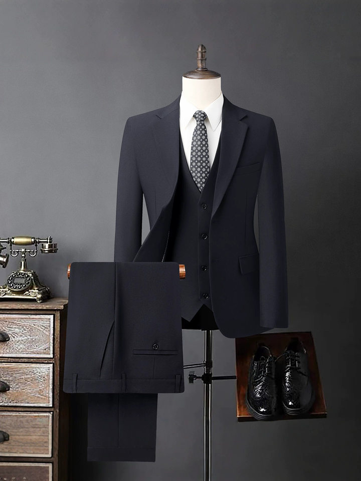 Bộ vest nam ba món vải co giãn bốn chiều, ve áo rộng, dáng ôm, phong cách công sở — Màu xanh tím than, màu xám, màu đen