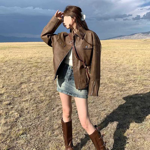 Brown Leather Coat Women's 2025 Spring and Autumn New Maillard American Retro Leather Petite Biker Jacket