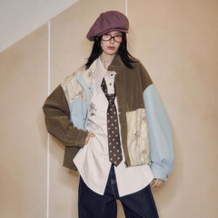 妖精的口袋PU皮拼接麂皮外套女2025年秋季新款高级感撞色宽松夹克