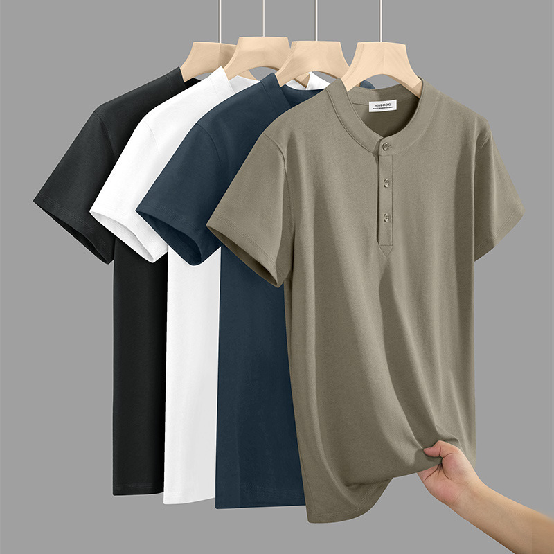260g Heavyweight Pure Cotton Henry Collar Short-Sleeved T-Shirt for Men, Summer 2026 New Style, Young Men's Half-Sleeved T-Shirt