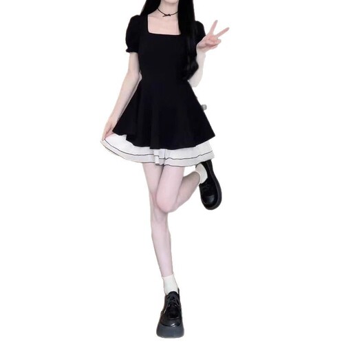 Hollywood Glam Black Dress for Women - Summer 2025, Tea Party French Style, Petite, Fitted Princess Puffed Short Skirt