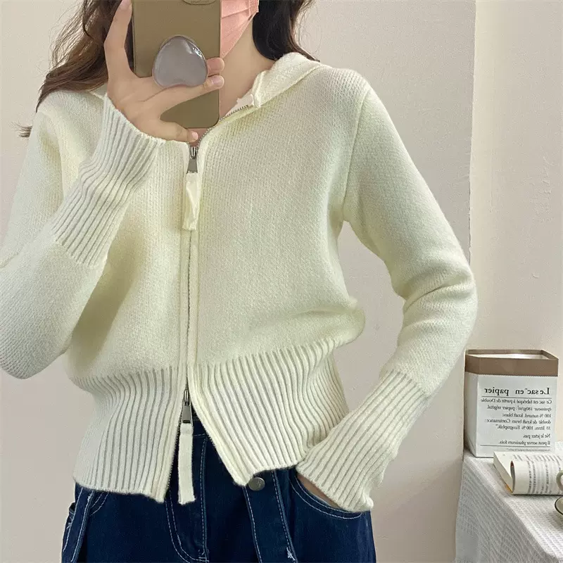 春秋新款连帽双拉链针织开衫女宽松短款慵懒设计感小众毛衣外套女