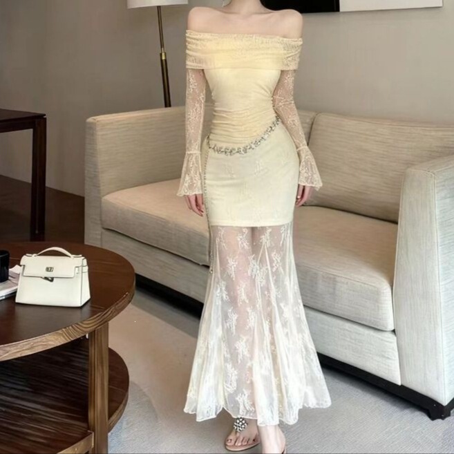 2026 Autumn and Winter New Style Slim-Fitting Mid-Length Hip-Hugging Fishtail Skirt Lace One-Line Neckline Dress