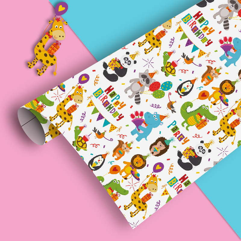 Papel de regalo de cumpleaños de Ventas de Fábrica al por mayor de dibujos animados pastel globo niños vacaciones rosa azul papel de regalo