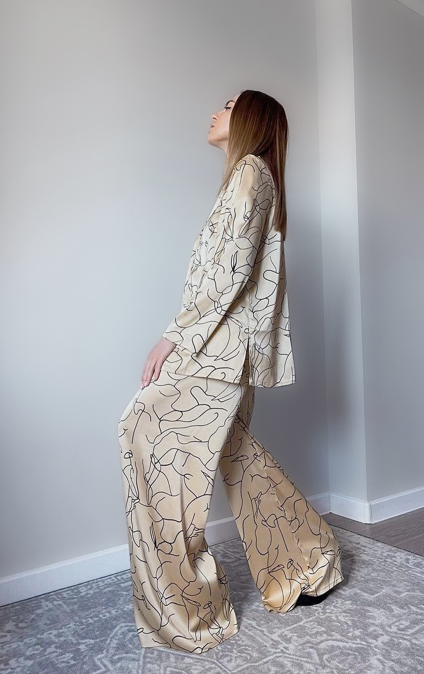 lines printing lapel long sleeve top and loose pants loungewear can be worn outside NSMSY137803