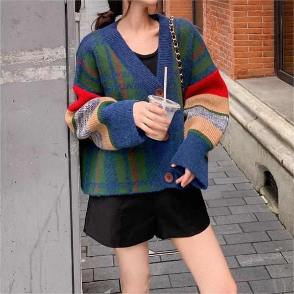 秋冬复古宽松大码毛衣女外穿外套上衣女新款港风撞色条纹针织开衫|undefined