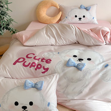 ins风全棉水洗棉儿童款四件套可爱数码印花纯棉被套卡通床上用品