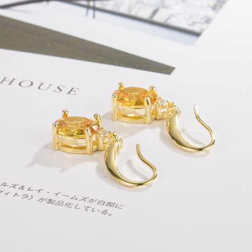 wish cross-border European and American citrine long earrings for women 18K gold oval earrings with diamonds and champagne gold jewelry